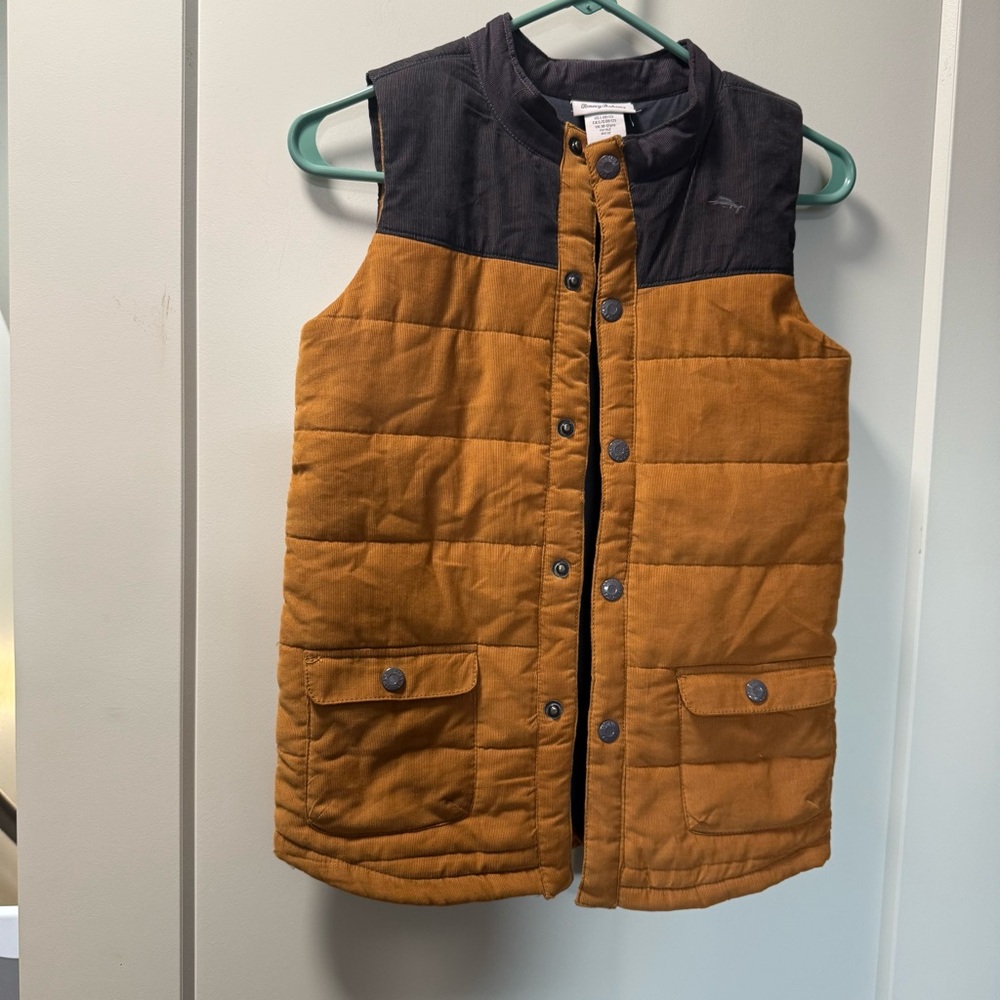 Tommy Bahama Boys Khaki Navy Blue Corduroy‎ Vest Snap Down Casual Gorpcore 10/12